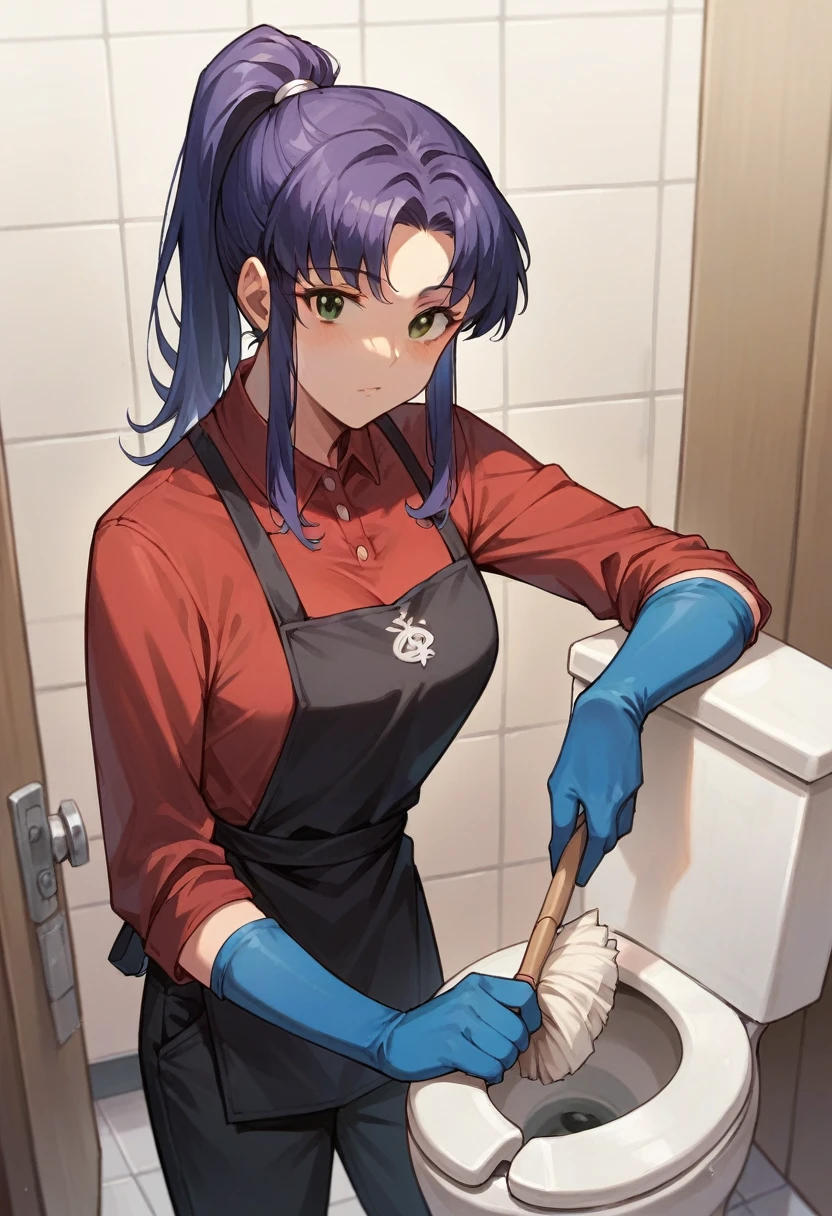1girl, misato katsuragi, ponytail, ((blue half elbow gloves)), (red shirt), ((long sleeves)), (black apron), (pants), looking at viewer, standing, ((cleaning the toilet room)), solo