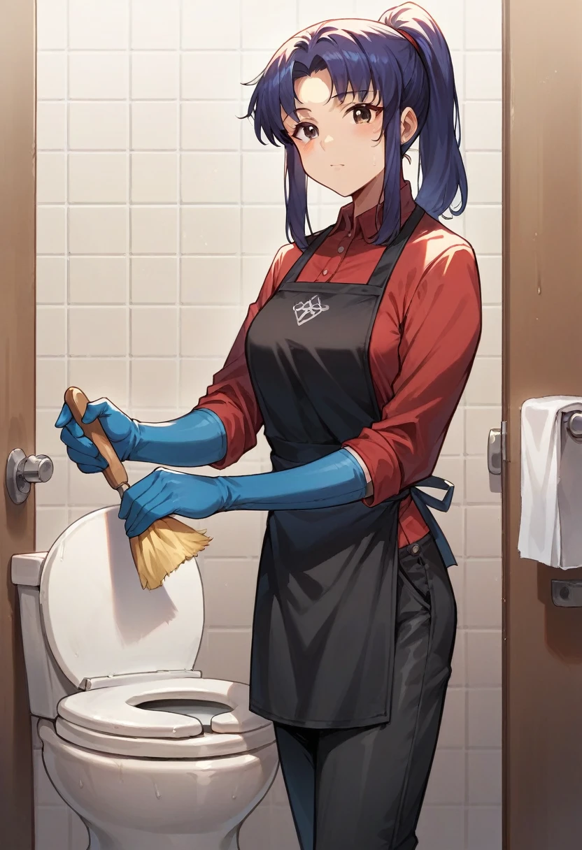 1girl, misato katsuragi, ponytail, ((blue half elbow gloves)), (red shirt), ((long sleeves)), (black apron), (pants), looking at viewer, standing, ((cleaning the toilet room)), solo