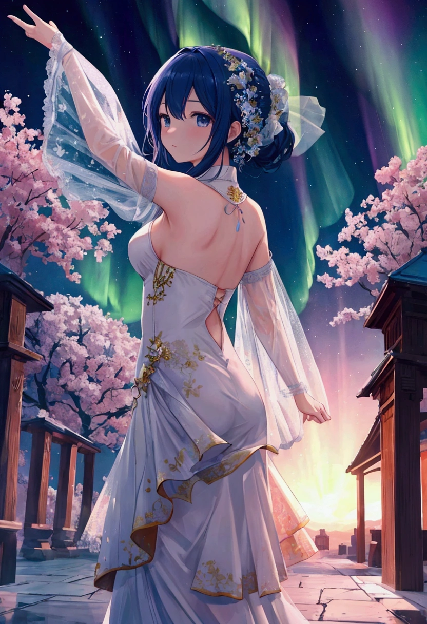 masterpiece, High resolution, Highest quality, Very detailed, wallpaper, Picturesque,Aurora、Bright Sky,Dancer,