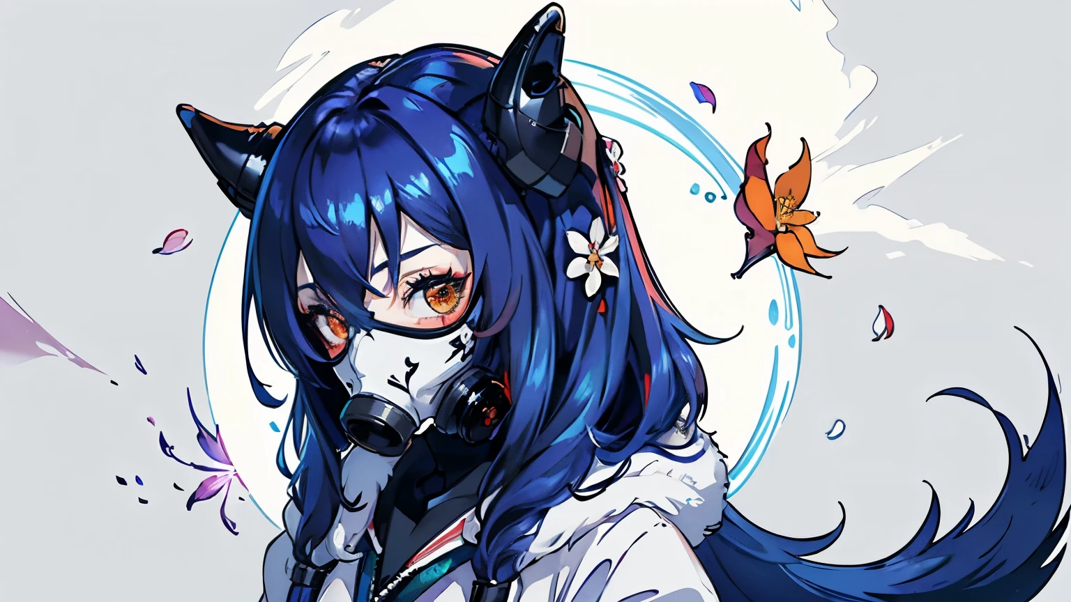 ((best quality)), ((masterpiece)), (detailed)) perfect face highest quality, shiny night sky, ink:1.3,masterpiece,1girl,solo, blue hair, horns,standing,cherry blossom, (wolf:1.2),fullface latex gasmask covering her face, falling petals, light smile, closed mouth, one can only see her eyes through the holes in the white latex gasmask covering her face