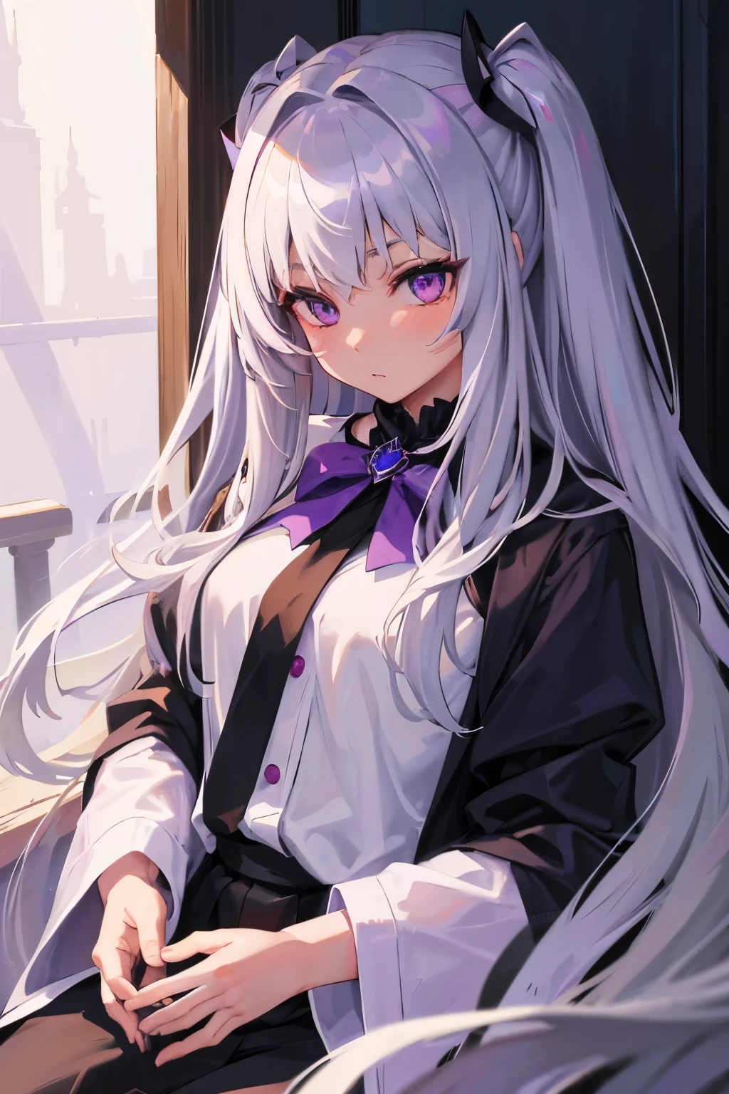 masterpiece, Highest quality, One girl, Elaina_(May_no_gossip), Silver Hair, Purple eyes, Long Hair,