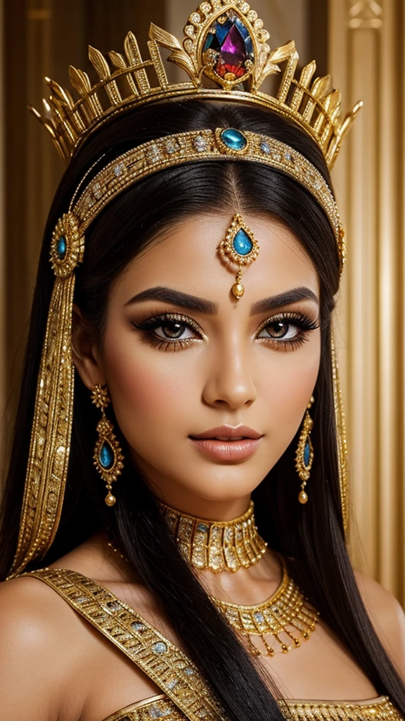 Create a series of images of a female character inspired by an ancient Egyptian queen, with the following detailed features, focusing especially on the face, body hair, full body costume and various poses: body hair: blackw, straight and cut at shoulder length, with straight bangs that cover the forehead. O body hair deve ter um brilho saudável e ser adornado com uma tiara dourada intricada, that exudes royalty. muka: Serene and confident expression, with large, lined eyes in classic Egyptian style, using thick black makeup that extends outside the eyes. Makeup should accentuate the eyes, creating a penetrating and majestic look. Lips painted in a neutral tone, complementing eye makeup. Headwear: A detailed golden tiara, positioned in the center of the head, adding a touch of opulence and authority. tenue: ful dressed: Vibrant blue and black, with an immersive design that highlights the character's silhouette. The dress should have a deep V-neckline and a high leg opening, suggesting elegance and confidence. waist belt: A golden belt tied around the waist with an elaborate knot, with hanging details that add sophistication to the outfit. layer: A black cape that flows gracefully behind her, contrasting with the vibrant blue of the dress and increasing the regal presence. Body Accessories: wide, gold bracelets on the arms, with complex designs and embossed details. An ornate golden necklace, similar to tiara, should adorn the neck.