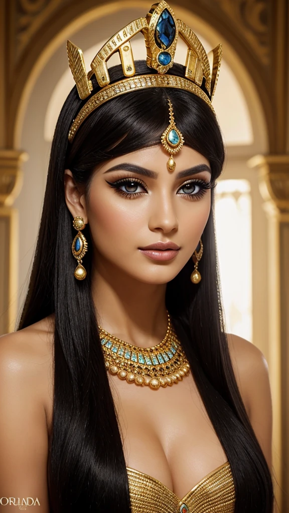 Create a series of images of a female character inspired by an ancient Egyptian queen, with the following detailed features, focusing especially on the face, body hair, full body costume and various poses: body hair: blackw, straight and cut at shoulder length, with straight bangs that cover the forehead. O body hair deve ter um brilho saudável e ser adornado com uma tiara dourada intricada, that exudes royalty. muka: Serene and confident expression, with large, lined eyes in classic Egyptian style, using thick black makeup that extends outside the eyes. Makeup should accentuate the eyes, creating a penetrating and majestic look. Lips painted in a neutral tone, complementing eye makeup. Headwear: A detailed golden tiara, positioned in the center of the head, adding a touch of opulence and authority. tenue: ful dressed: Vibrant blue and black, with an immersive design that highlights the character's silhouette. The dress should have a deep V-neckline and a high leg opening, suggesting elegance and confidence. waist belt: A golden belt tied around the waist with an elaborate knot, with hanging details that add sophistication to the outfit. layer: A black cape that flows gracefully behind her, contrasting with the vibrant blue of the dress and increasing the regal presence. Body Accessories: wide, gold bracelets on the arms, with complex designs and embossed details. An ornate golden necklace, similar to tiara, should adorn the neck.