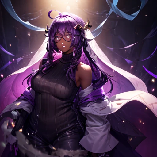 Girl, dark skin, white glowing vines wrapping around her arms, sleeveless purple sweater, long purple hair covering her eyes 