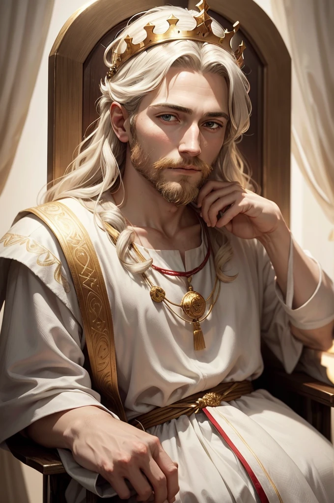 creates a realistic portrait of King David, with his crown sitting on the throne in white clothes with red details
representing him as a simple and humble man. Highlight the calm, compassionate expression on your face, with serene eyes and a soft smile. Be sure to accurately portray the