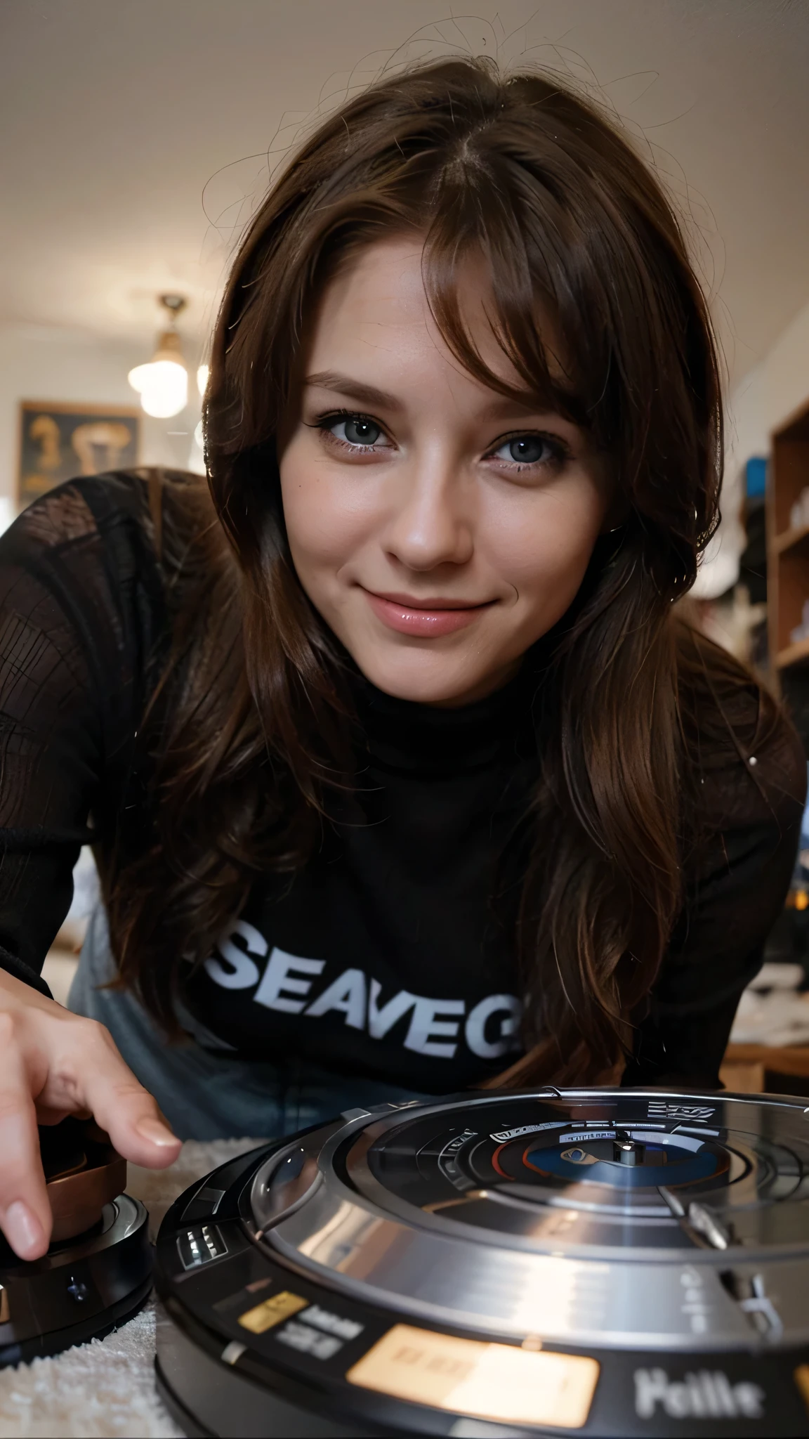 russian woman, brown medium hair, blue eyes, 36 years old, musician, smile, playing on the reels, wearing