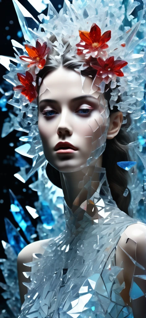 A glittering and dreamlike photorealistic digital render, A crystalline Goddess made of pieces of broken glass, puddle of Ocean, Flower room, Made_of_pieces_broken_glass, transparent glass, shards, pieces of glass, surreal, Angelic, hyperdetailed, glittering eyes,Red Mode,Alluring, 32k, complex and razor-sharp background with dynamic lighting, a masterpiece