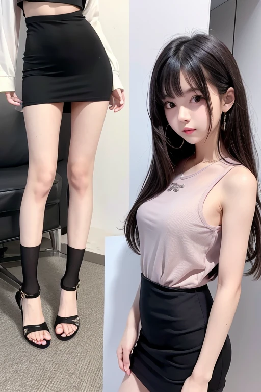 Cute Teen Idol Girl、whole body、Good style、、、、、、、、、、Thin legs、black tight sheer dress、Cool girl face