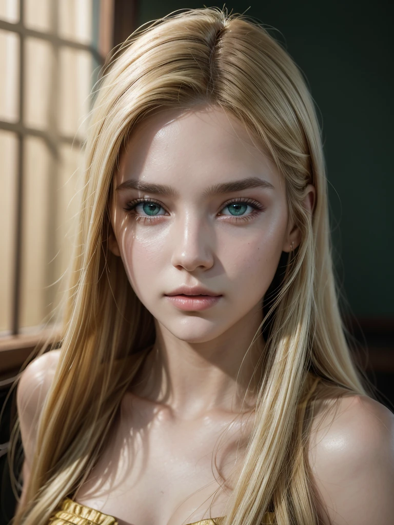 a beautiful young brazilian woman with long blonde hair, green eyes, delicate facial features, soft skin, elegant expression, detailed portrait, realistic, photorealistic, 8k, detailed cinematic lighting, dramatic shadows, warm color tones, cinematic, portrait photography, high quality, masterpiece