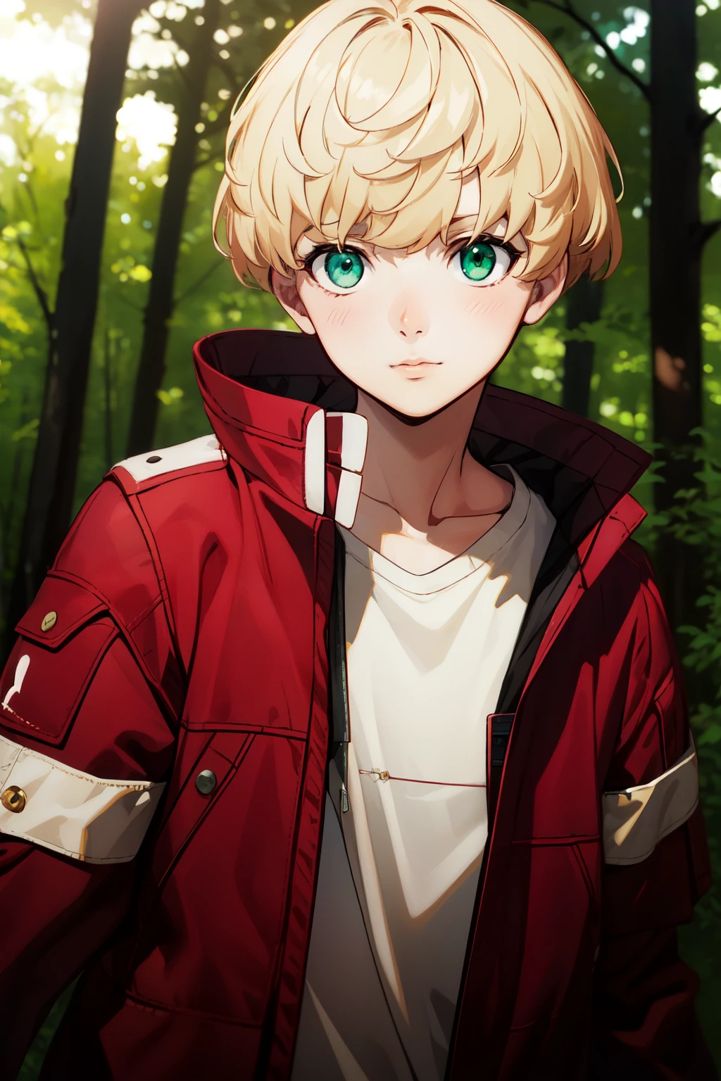 (best quality:1.1), (masterpiece:1.4) upper body, , ligne claire, (semi-realistic:1.4), 1boy, solo, michael_synduality_noir, blonde hair, green eyes, , plain black t-shirt,,red jacket,, alternate history,standing in the forest, half body photo, looking away,Facing right, camera angle from the side, photo from the side, blush,