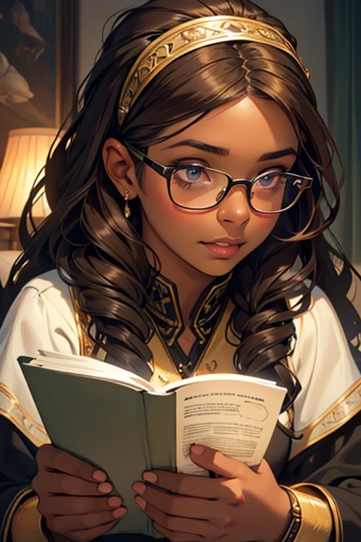 a 9- dark-skinned girl with brown hair and eyes, wearing glasses, passionate about history and reading, beautiful detailed eyes, beautiful detailed lips, extremely detailed eyes and face, long eyelashes, friendly expression, 1girl, illustration, digital art, highly detailed, cinematic lighting, realistic, photorealistic, sharp focus, vivid colors, warm color palette