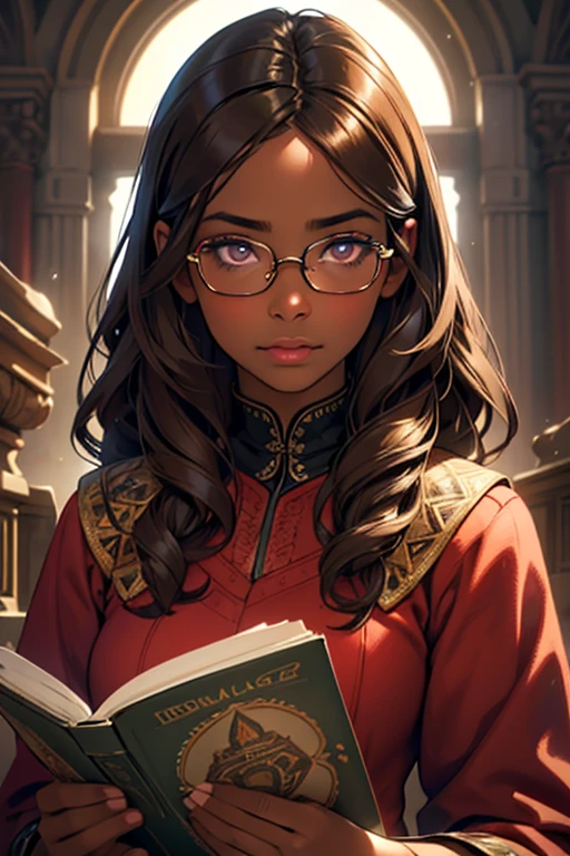 a 9-12 year old dark-skinned girl with brown hair and eyes, wearing glasses, passionate about history and reading, beautiful detailed eyes, beautiful detailed lips, extremely detailed eyes and face, long eyelashes, friendly expression, 1girl, illustration, digital art, highly detailed, cinematic lighting, realistic, photorealistic, sharp focus, vivid colors, warm color palette