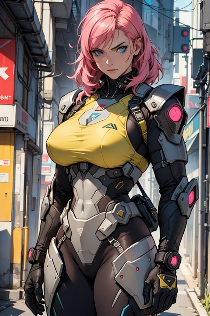 Fake body and , Mature woman in metal rising revengeance body details, foto de busto, big pink hair, shining blue eyes, wearing a mustard yellow jumpsuit, breasts big, 35 years old, eye on the spectator, Look to the camera, , the background is a cyberpunk city, revegeance expression, foco no rosto, de frente, foco no busto, riaden armor of metal gear rising, busty woman,pronto para lutar, mini saia roxa e branca, expressão intensa, fundo branco liso, ambiente frio, vapor subindo, movimento dinâmico, atitude confiante, atmosfera fria