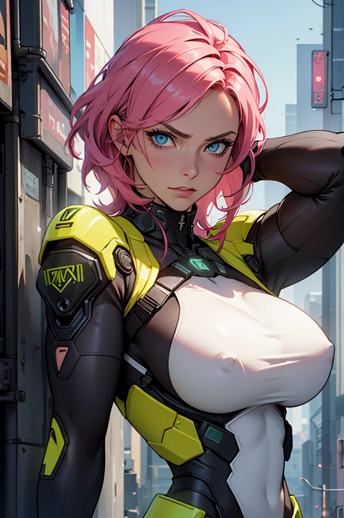 Fake body and  , Mature woman  in metal rising revengeance body details, foto de busto, big pink hair, shining blue eyes, wearing a mustard yellow jumpsuit, breasts big, 35 years old, eye on the spectator, Look to the camera, , the background is a cyberpunk city, revegeance expression, foco no rosto, de frente, foco no busto, riaden armor of metal gear rising, busty woman,pronto para lutar, mini saia roxa e branca, expressão intensa, fundo branco liso, ambiente frio, vapor subindo, movimento dinâmico, atitude confiante, atmosfera fria
