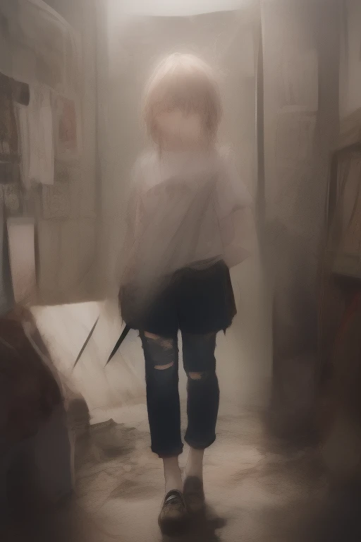 masterpiece, Highest quality, Very detailed, abstract的な、Full body photo, Cowboy Shot, Three-part method, darkness, Shine, green, High saturation、sketch、Handwriting、watercolor、Blurred、Focus on the eyes、girl, Dirty room standing、Landscape, Dimly lit room, Surrounded by posters and musical instruments, intense, 反省的なPerformance. My hair is messy, Wear an old band t-shirt, Ripped jeans. The room is chaotic yet intimate., Scattered records and a faint light coming through a small window. This scene、It represents inner turmoil and rebellious energy..。, to be born々Shii, Nirvana「lithium」Emotional atmosphere,&#39; Character Attitudes and Clutter, 懐かShii雰囲気、Completely out of focus、Focus only on the eyes、abstract、abstract、砂埃を強くPerformance、The accent color is emerald green、Habitual hair semi-long、Tattered old clothes、Destructive movements and、Performance