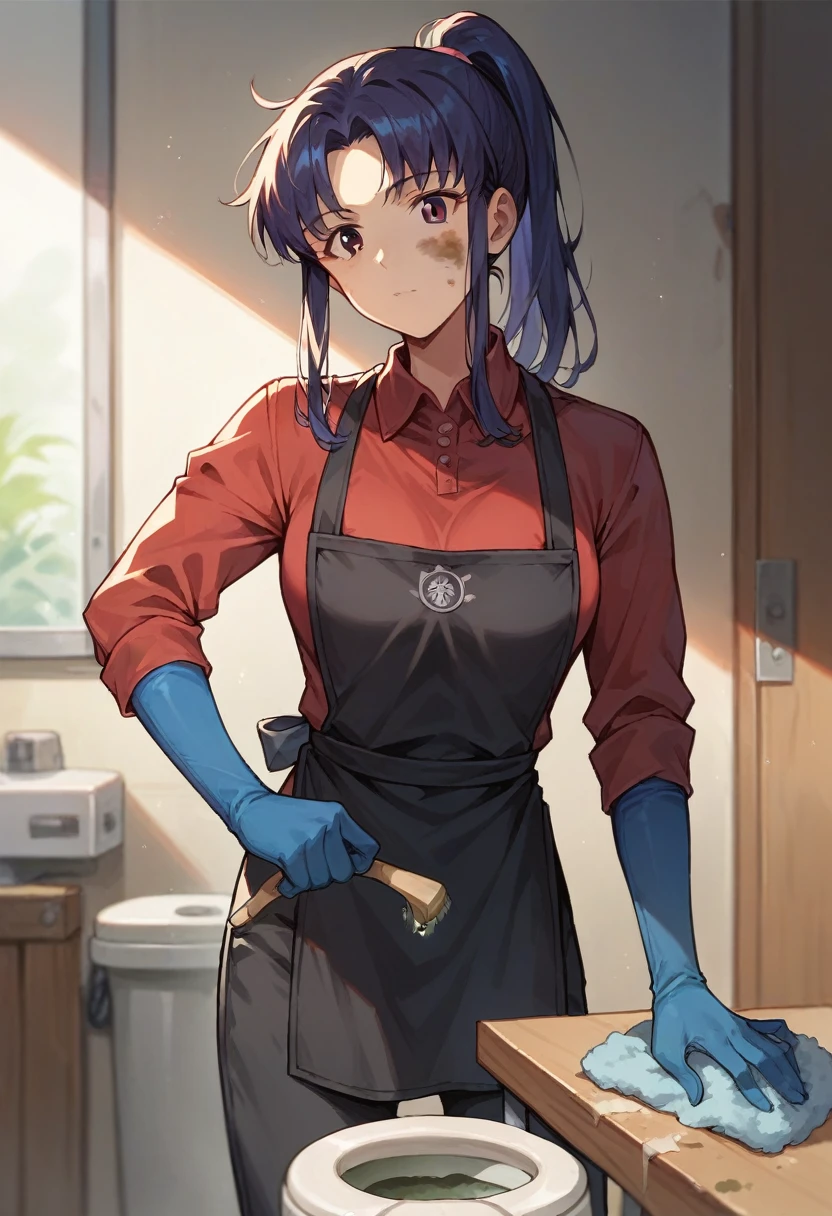 1girl, misato katsuragi, ponytail, ((blue half elbow gloves)), (red shirt), ((long sleeves)), (black apron), (pants), looking at viewer, standing, ((cleaning a dirty toilet room)), solo

