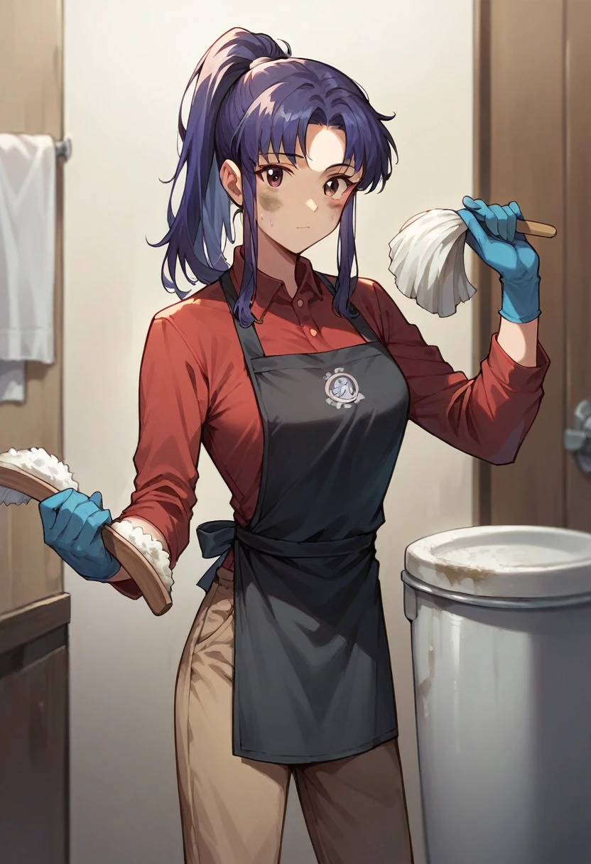 1girl, misato katsuragi, ponytail, ((blue half elbow gloves)), (red shirt), ((long sleeves)), (black ?????), (pants), looking at viewer, standing, ((cleaning a dirty toilet room)), solo