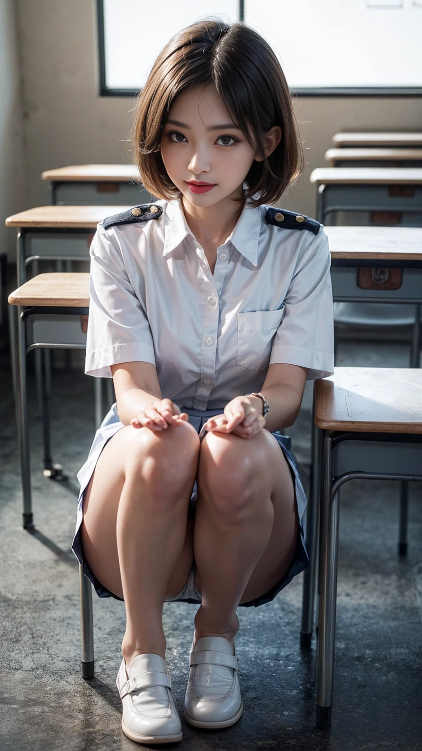 (8K High Resolution), (Highest quality), (RAW Image Quality),(Tabletop:1.2), (Realistic), (Realistic:1.37), ,Large Eyes,Long eyelashes,(Live-action realistic style),The ultimate face,Realistic light and shadow,Distinct facial features,,Fair skin, ),Best Portrait, One girl,Beautiful attention to detail,Highly detailed skin,(Beautiful face with double eyelids), (realism: 1.4),((Full body image)) ,Delicate and beautiful face,Pretty Girl JC,Cute woman,(Beautiful Face 1.4),short hair,((Japan in uniformの女子高生)),(Show your best smile to the audience),Red lipstick,Discomfort around the eyes,((Shooting in the classroom)),(Sitting with your underwear showing), are fully visible.White color pantiese showing my underwear to the viewers.),(Show the audience your panties),((Japchool girl uniform)),Red lipstick,Discomfort around the eyes,(Japan in uniform),