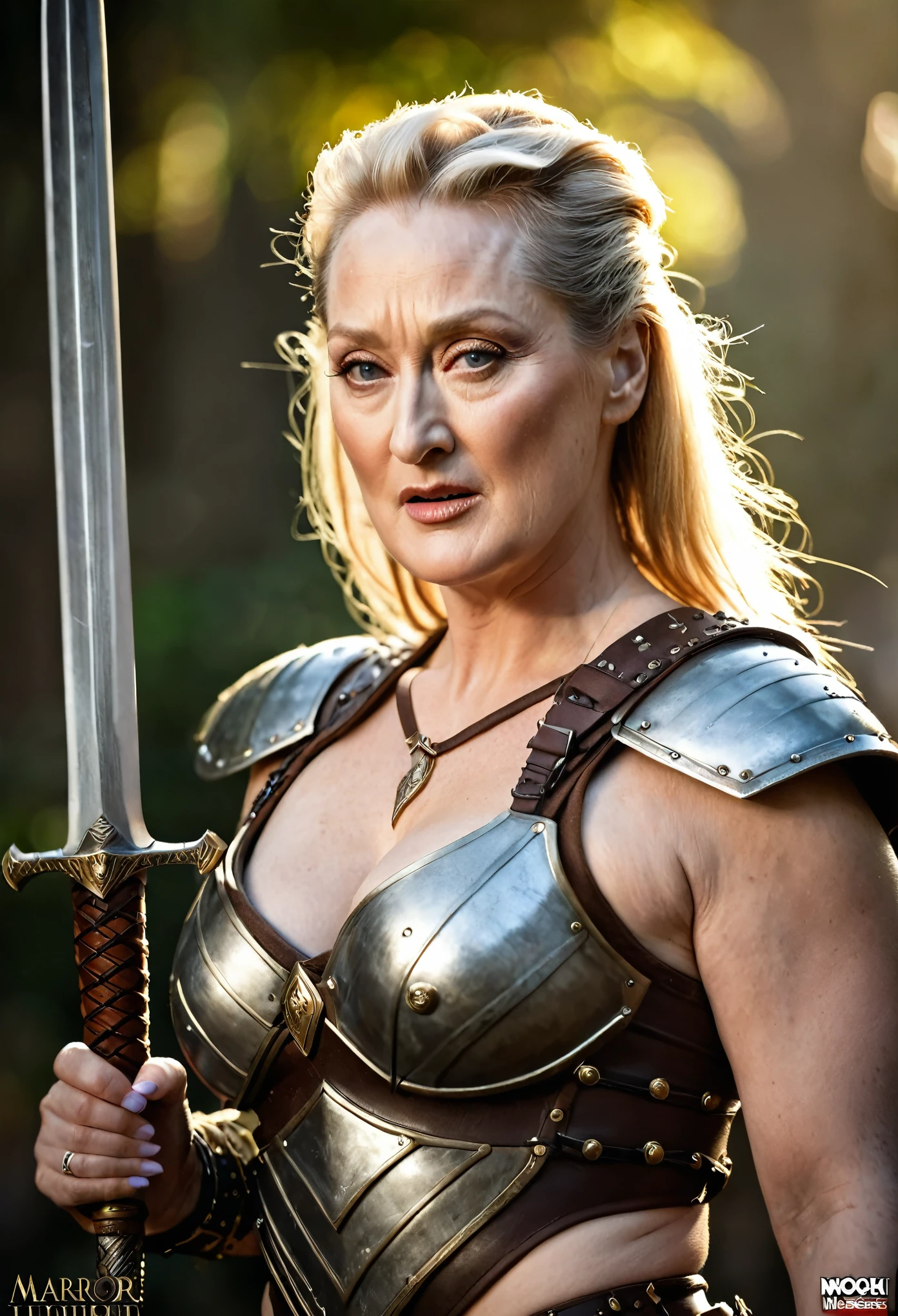 Looks like Meryl Streep, stunning beauty, A beautiful barbarian woman, blonde hair, punk hair, sword and sorcery, skimpy armour, high detail face, high detail skin, muscle definition, high resolution, photo-realistic, cinematic lighting, depth of field, bokeh, sexiest warrior beauty,