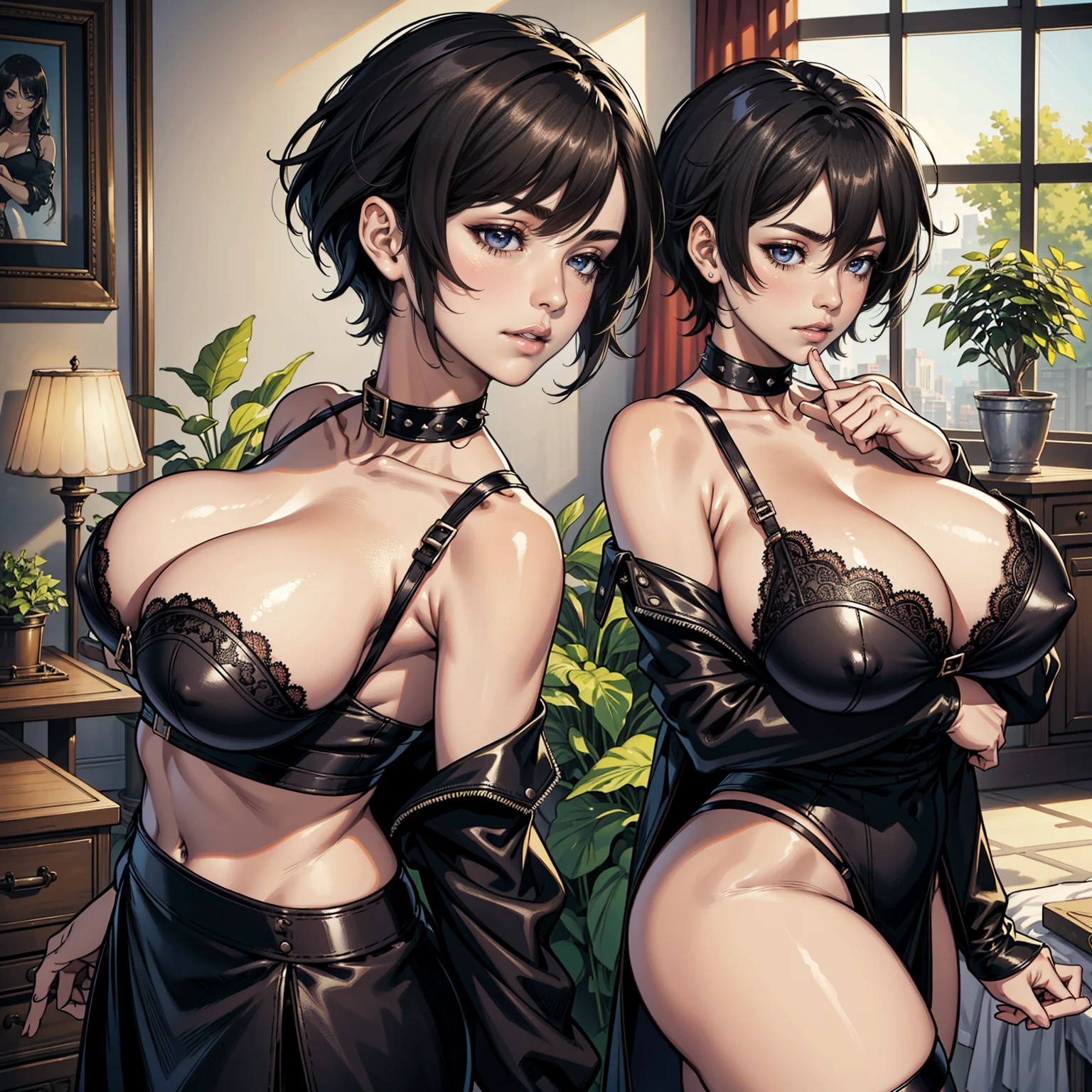 score_9_up, score_8_up, score_7_up, (masterpiece), (High Details), (High Res), 1 girl, solo, source_anime, asura style, black hair, hair between eyes, pixie cut, mature female, milf, motherly, black lace bra, lifting shirt, black leather skirt, curvy, huge breasts, thick thighs, big thighs, at house, scenery, indoors, living room, perfect hands:1.1, FHD, hands focus, big bed, areola slip, spikes collar