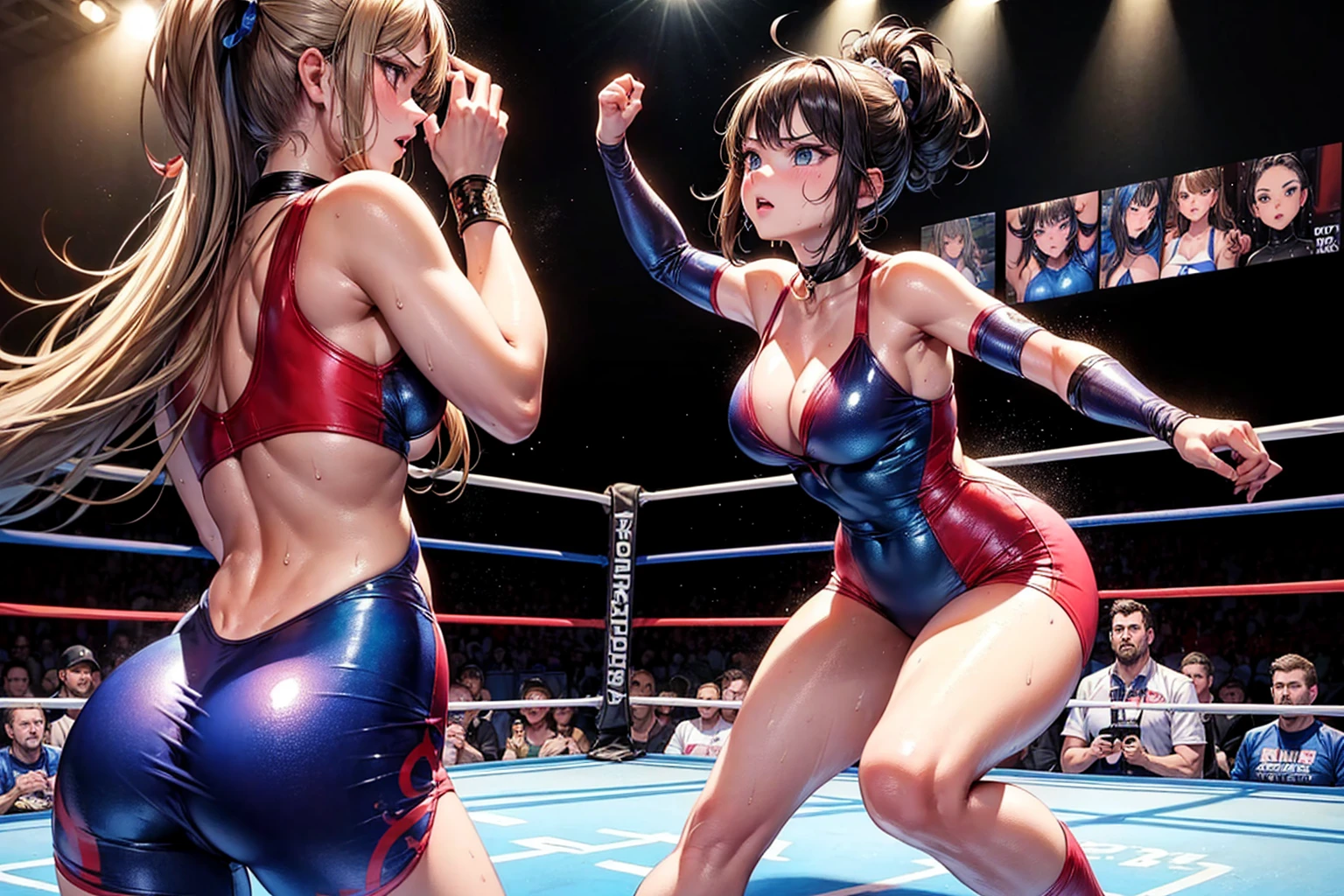 (((masterpiece))), (((best quality))), ((ultra-detailed)), (illustration), (an extremely delicate and beautiful), 1girl, solo, Women's Pro Wrestling Matches, (glaring:1.2), sweat,