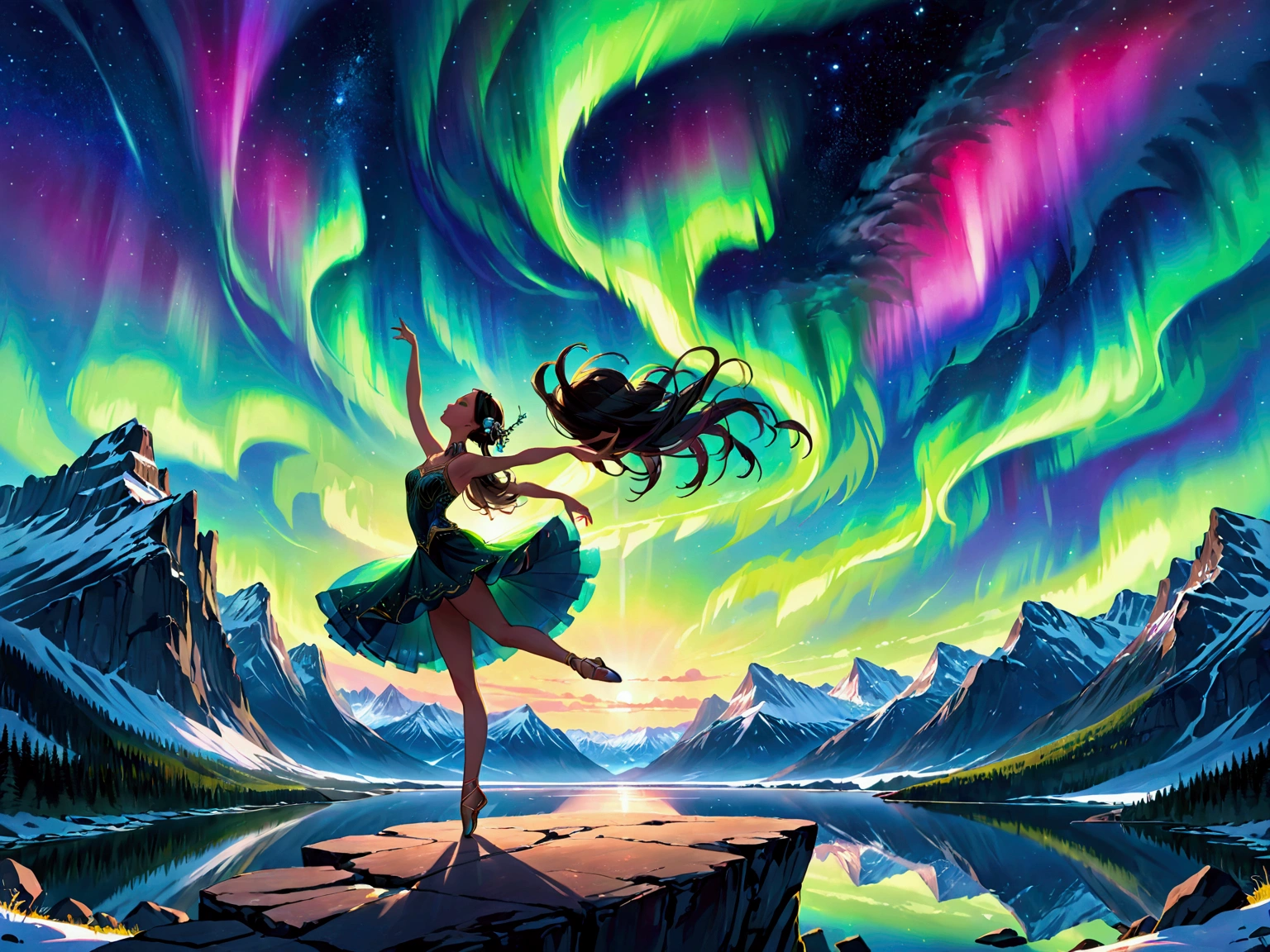 masterpiece, High resolution, Highest quality, Very detailed, wallpaper, Picturesque、Aurora、Bright Sky,Dancer,