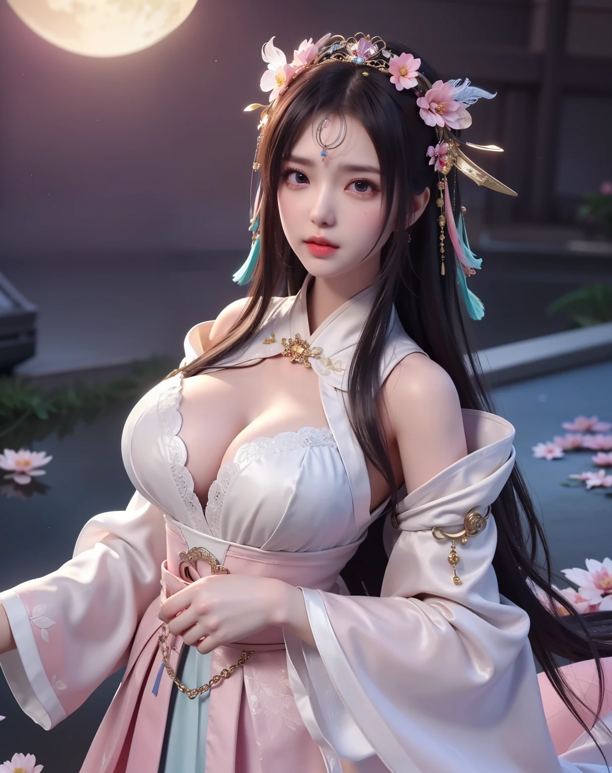 (8k, RAW photo:1.2), best quality, ultra high res,dramatic angle,(fluttered detailed color splashs), (illustration),(((1 girl))),(long hair),(rain:0.9), (Headdress:1.4),There is an ancient palace beside the girl,Hanfu,(Key Points),Color ink painting,(Splash of Color),Splash of Color,(((colorful))),(sketch:0.8) , Masterpiece, best quality, beautiful painted, highly detailed,(denoising:0.6),[splash ink],((ink refraction)), (beautiful detailed sky),moon,highly,detaild,(masterpiece, best quality, extremely detailed） CG Unity 8k Wallpaper，masterpiece，best quality，Ultra Detailed），（Lycoris）. hanfu open v open V-chested clothes Thin silk lace dress , (huge ，cleavage),, white pinkand gren，best qualtiy，tmasterpiece，Ultra-high resolution，（Reality：1.4），RAW photogr，（True skin texture：1.3），（filmgrain：1.3），（Selfie angle），1个Giant Breast Girl，Beautiful eye and face details，tmasterpiece，Best quality at best，，The chest more exposed， detailed hair, bra pink , detail 8k, upper body, lace petticoat