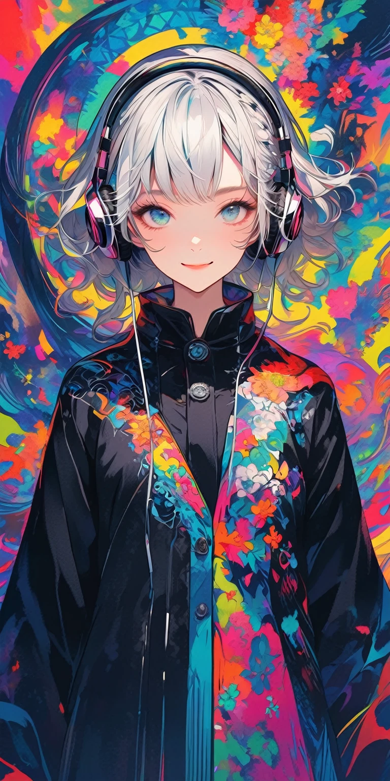 High-resolution digital painting with vibrant colors and intricate patterns. BREAK Front-facing perspective, showcasing a mirrored image of a character. BREAK Two identical characters with long, silver hair, one wearing a patterned cape and the other in a black jacket, both with headphones and a subtle smile. BREAK An abstract, colorful background with swirling, floral, and geometric designs, split by a staircase with a tiled pattern.