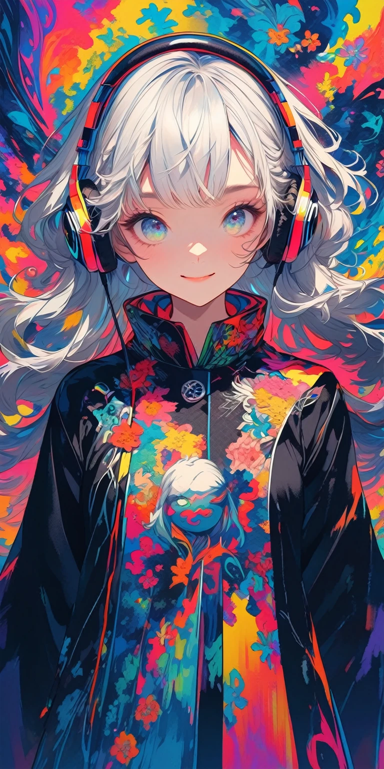 High-resolution digital painting with vibrant colors and intricate patterns. BREAK Front-facing perspective, showcasing a mirrored image of a character. BREAK Two identical characters with long, silver hair, one wearing a patterned cape and the other in a black jacket, both with headphones and a subtle smile. BREAK An abstract, colorful background with swirling, floral, and geometric designs, split by a staircase with a tiled pattern.