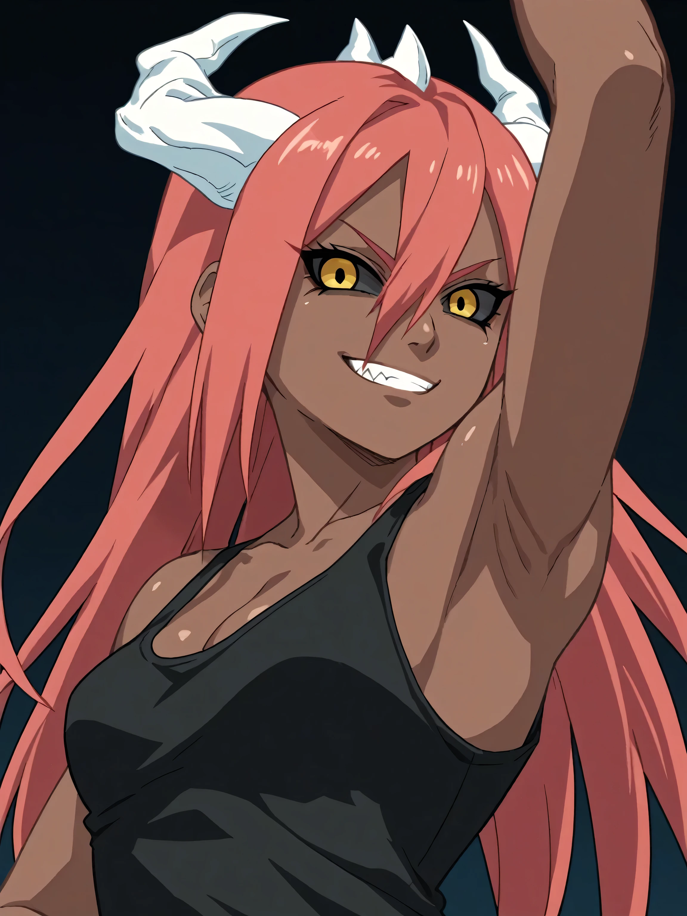 score_9, score_8_up, score_7_up, source_anime, tayuya, red hair, long hair, yellow eyes, white horns, dark skin, cleavage, collarbone, tank top, black tank top, sleeveless, bare shoulders, bare arms, 1girl, solo, anime screencap, frontlighting, simple background, black background, dark background, soft light, shiny skin, shiny hair, looking at viewer, eye contact with viewer, evil smile, smirk, teeth, clenched teeth, arm up, raised arm, armpit, (from side, from below:1.4)