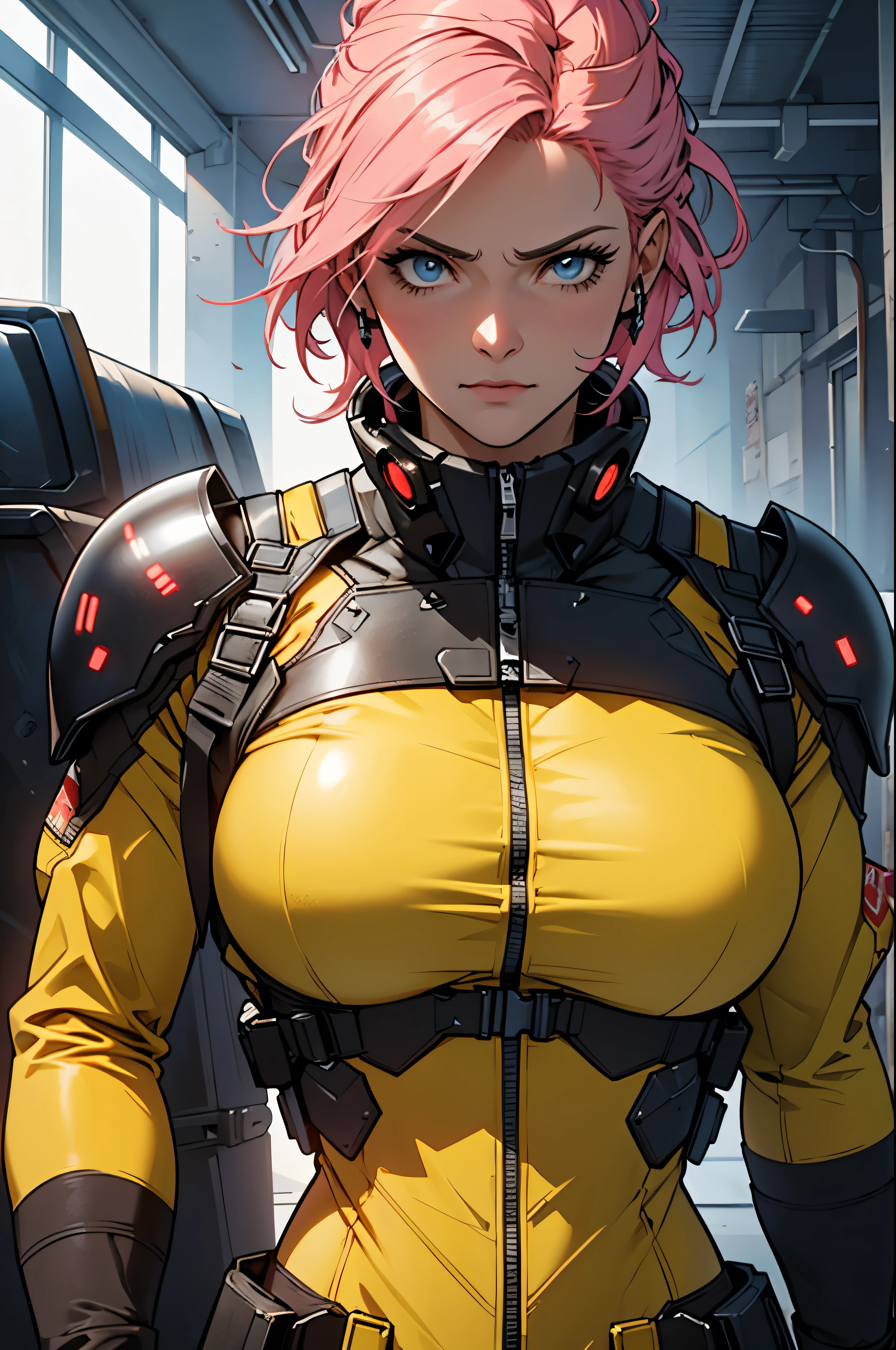 Fake body and , Mature woman in metal rising revengeance body details, foto de busto, big pink hair, shining blue eyes, wearing a mustard yellow jumpsuit, breasts big, 35 years old, eye on the spectator, Look to the camera, , the background is a cyberpunk city, revegeance expression, foco no rosto, de frente, foco no busto, riaden armor of metal gear rising, busty woman,pronto para lutar, mini saia roxa e branca, expressão intensa, fundo branco liso, ambiente frio, vapor subindo, movimento dinâmico, atitude confiante, atmosfera fria