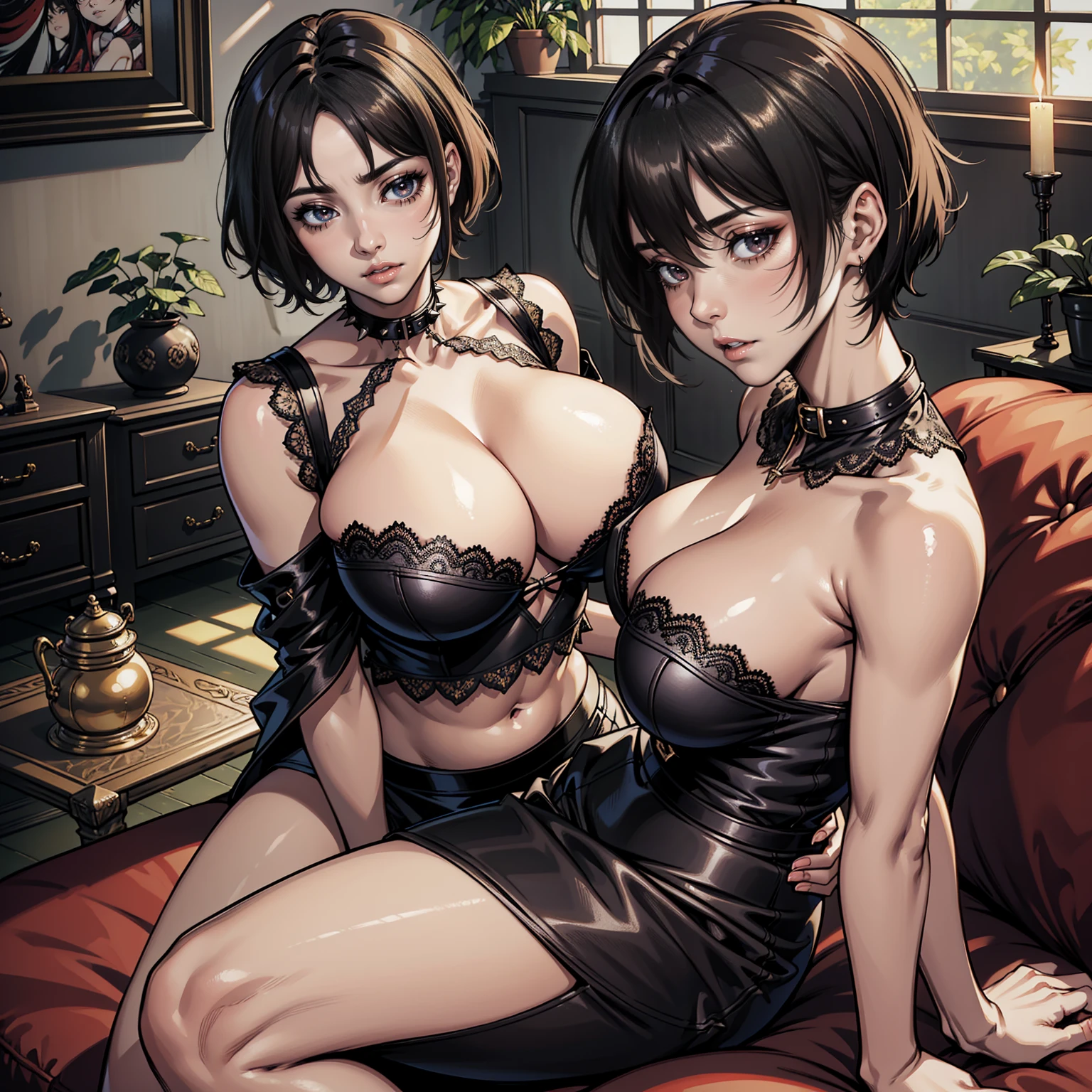 Masterpiece, Professional, High Definition - quality, sharp focus, perfect artwork, Best Illustration, trending on artstation, UHD, 4k, full body, NSFW                                                                         
1 girl, solo, source_anime, asura style, black hair, hair between eyes, pixie cut, mature female, milf, motherly, black lace bra, lifting shirt, black leather skirt, curvy, huge breasts, thick thighs, big thighs, at house, scenery, indoors, living room, perfect hands:1.1, FHD, hands focus, big bed, areola slip, spikes collar
