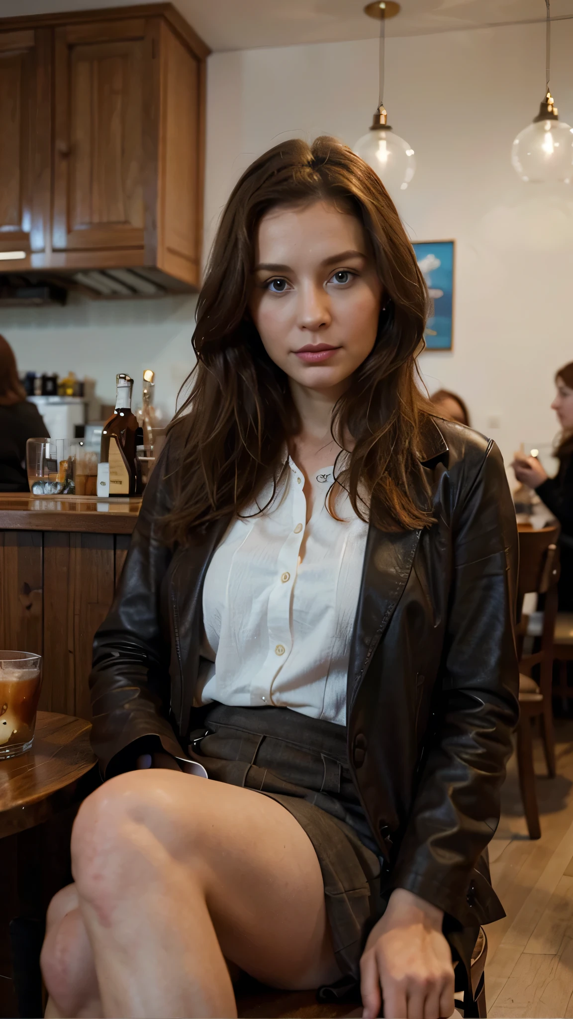 russian woman, brown medium hair, blue eyes, 36 years old, musician, drinking tea in the cafe, wearing