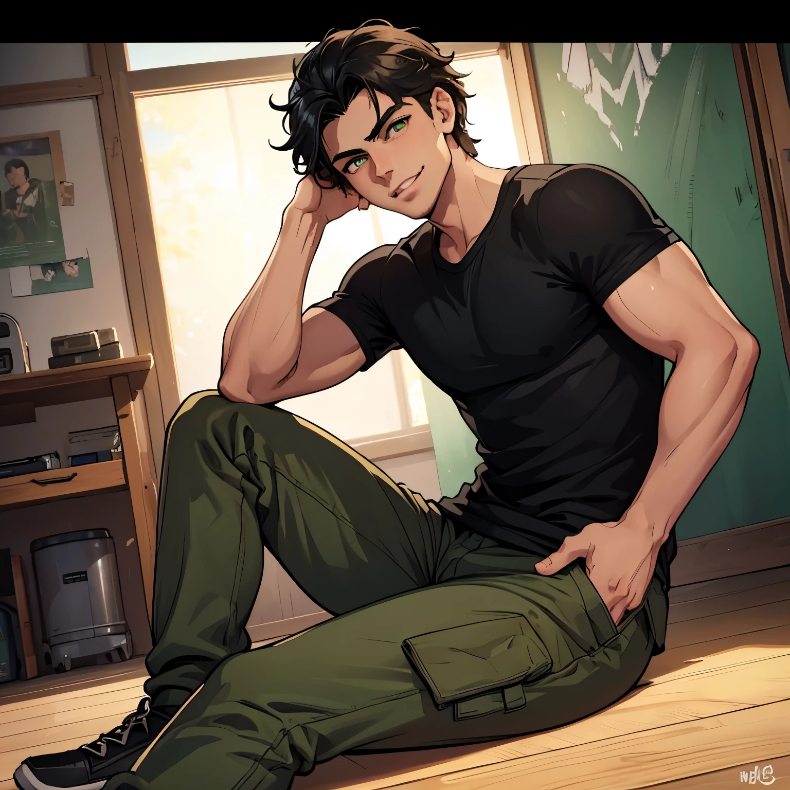 1 handsome young man in his early 20s, green eyes, detailed eyes, olive skin, mid length black hair, playful fanged smile, tall, athletic body, black t shirt, cargo pants, (best quality,8k,highres,masterpiece:1.2),ultra-detailed,(realistic,photorealistic,photo-realistic:1.37),portrait,studio lighting,sharp focus,physically-based rendering,vivid colors,warm lighting