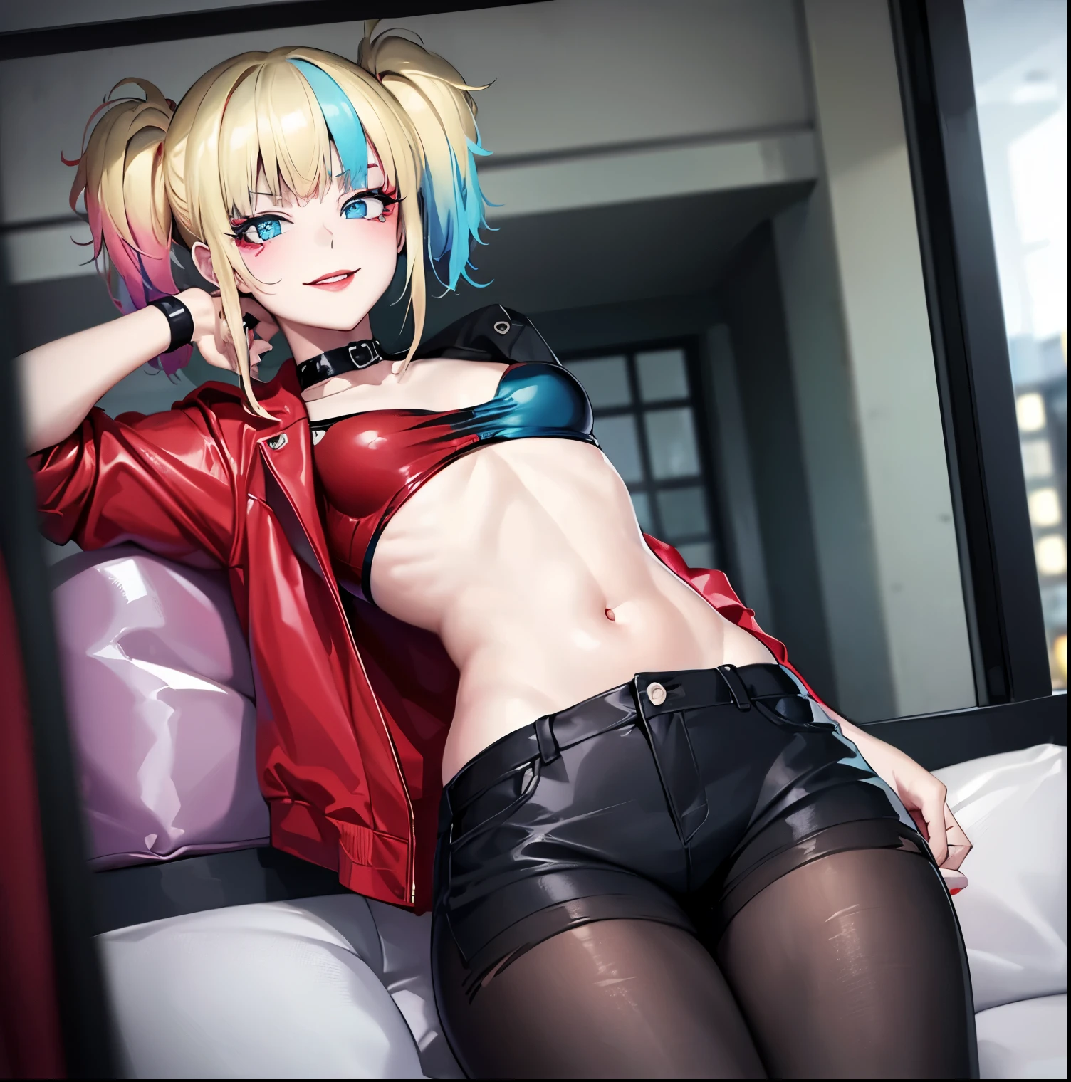 ((1girl)),((alone)),harley quinn,(masterpiece), (best quality), (ultra detailed), (best illustration), (best shadow), (absurdities), sharp focus, cowboy shot , dynamic posture looking at the viewer, medium breasts, narrow waist, wide hips, wide thighs, round butt, erotic, romantic, (very detailed eyes, lips 1.1), very detailed eyes, eyes, Very detailed face, Very beautiful face, height full, beautiful slim figure, femininity, expressive appearance, elastic medium breasts, sexuality, pink skin, blonde hair, multicolored hair blue hair, pink hair, twintails, long hair bangs, blue eyes, red lips, choker shorts, black pantyhose, red jacket, makeup, abdomen, navel, lipstick belt, multicolored shirt, red and black shirt, tattoo, sweater, t-shirt, torn clothing crop top multicolored clothing, torn pantyhose, shorts, multicolored pants, red pants with black, very shorts, nail polish, defined body, perfect and beautiful body, perfect and beautiful, closed mouth, smile, happy smile, blushing, (sexy pose: 1.2), ((solo)), standing: 1.3, interior, Japanese house, living room, table, armchair, night, window, street lights, looking forward, ((focus on hips)), point of view: (from below), perfect anatomy, perfect hands