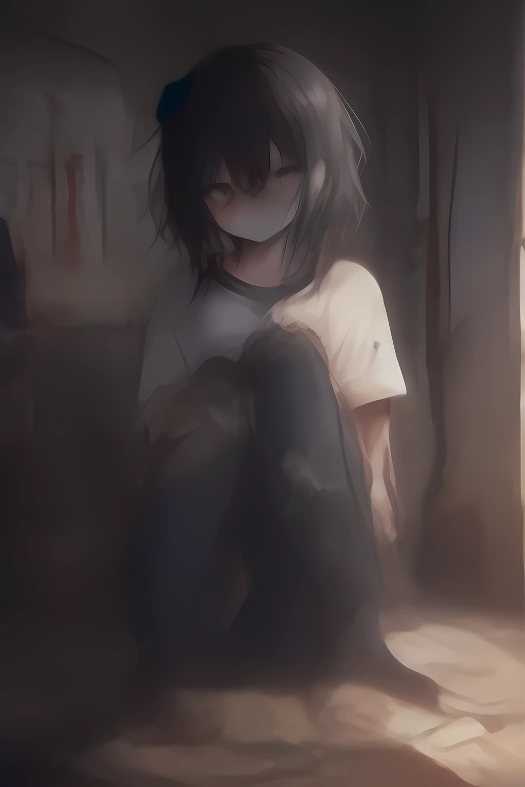 masterpiece, Highest quality, Very detailed, Abstract、Full body photo, Cowboy Shot, Three-part method, darkness, Shine, green, High saturation、sketch、Handwriting、watercolor、Blurred、Focus on the eyes、girl, Sitting on the ground in a dirty room, Dimly lit room, Surrounded by posters and musical instruments, intense, Reflective expressions. My hair is messy, Wear an old band t-shirt, Ripped jeans. The room is chaotic yet intimate., Scattered records and a faint light coming through a small window. This scene、It represents inner turmoil and rebellious energy..。, to be born々Shii, nirvana「Lithium」Emotional atmosphere,' Character Attitudes and Clutter, Nostalgic atmosphere、Completely out of focus、Focus only on the eyes、abstract、abstract