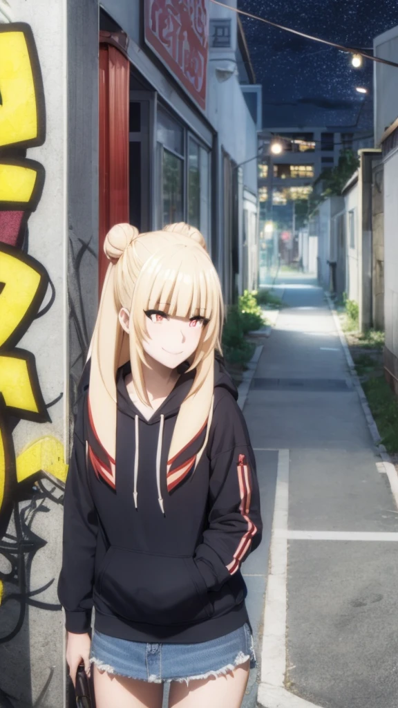 detailed background, masterpiece, best quality, smile, nakiri ayame, streaked hair, oni horns, white hair, twin buns, red eyes, smile, hoodie, portrait, neon, graffiti, dark, night, glowing eyes, blacklight