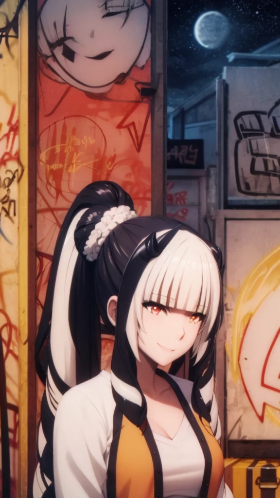 detailed background, masterpiece, best quality, smile, nakiri ayame, streaked hair, oni horns, white hair, twin buns, red eyes, smile, hoodie, portrait, neon, graffiti, dark, night, glowing eyes, blacklight