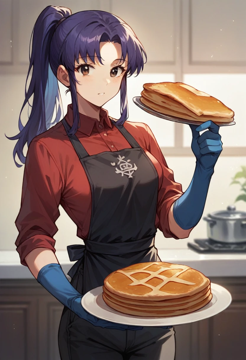 1girl, misato katsuragi, ponytail, ((blue half elbow gloves)), (red shirt), ((long sleeves)), (black apron), (pants), looking at viewer, standing, ((makes pancakes)), solo