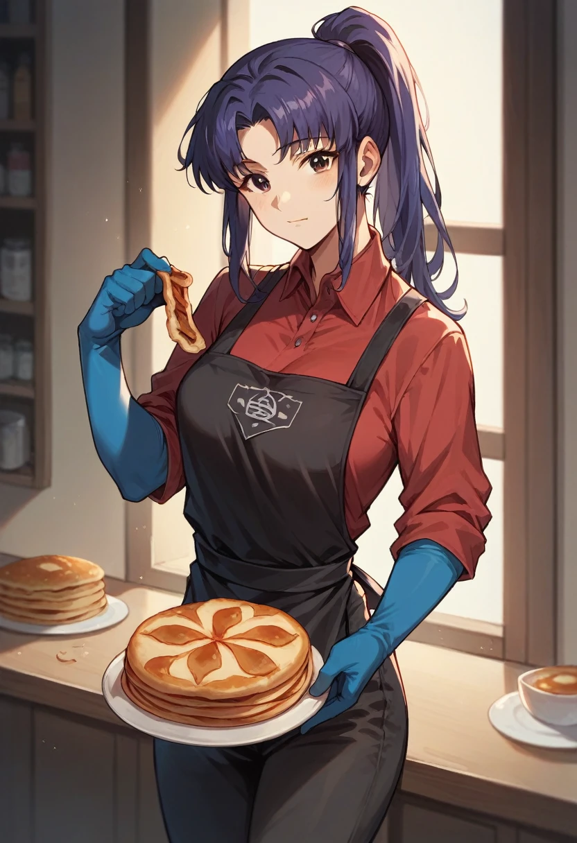 1girl, misato katsuragi, ponytail, ((blue half elbow gloves)), (red shirt), ((long sleeves)), (black apron), (pants), looking at viewer, standing, ((makes pancakes)), solo