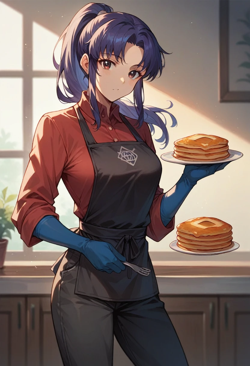 1girl, misato katsuragi, ponytail, ((blue half elbow gloves)), (red shirt), ((long sleeves)), (black apron), (pants), looking at viewer, standing, ((makes pancakes)), solo