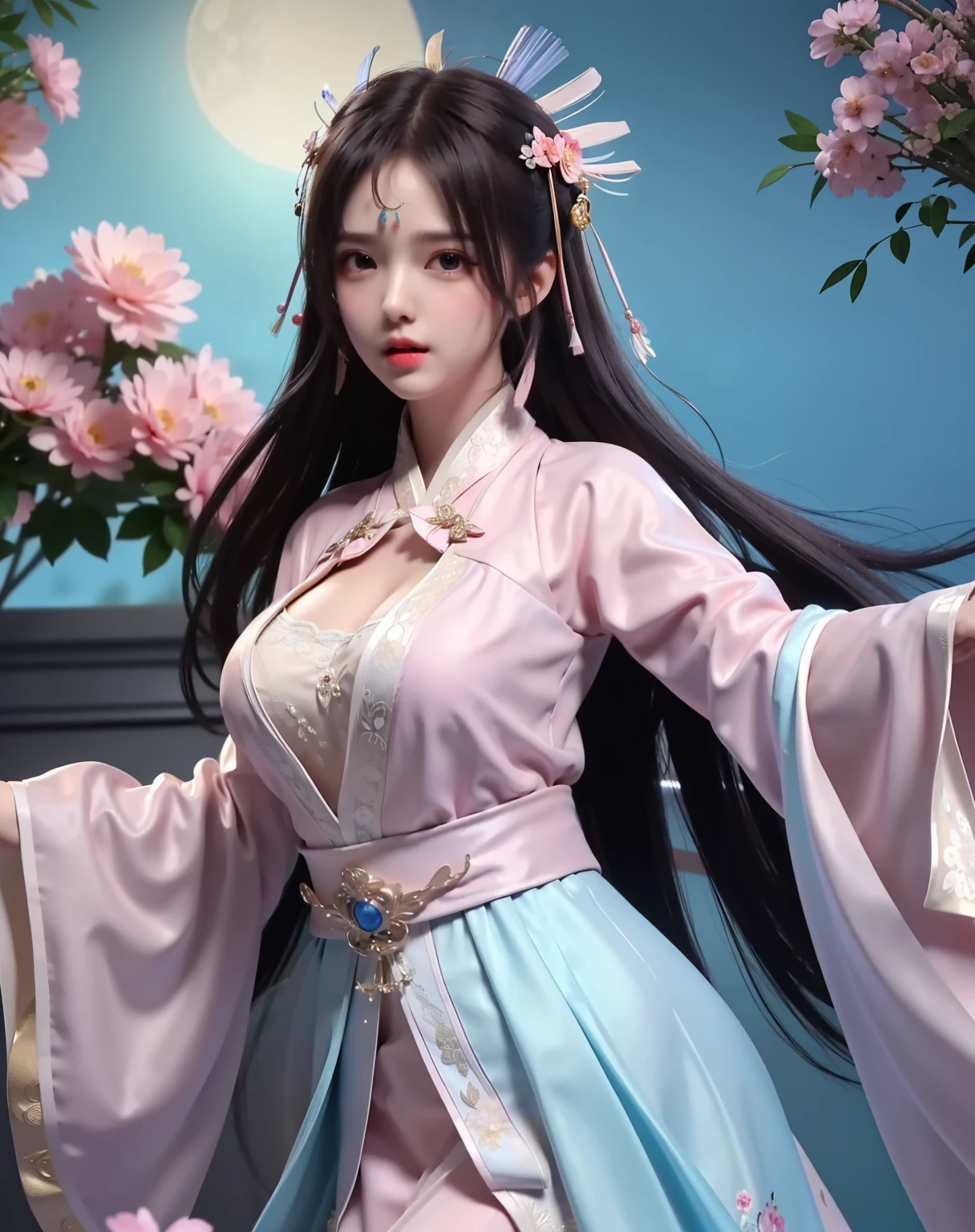 (8k, RAW photo:1.2), best quality, ultra high res,dramatic angle,(fluttered detailed color splashs), (illustration),(((1 girl))),(long hair),(rain:0.9), (Headdress:1.4),There is an ancient palace beside the girl,Hanfu,(Key Points),Color ink painting,(Splash of Color),Splash of Color,(((colorful))),(sketch:0.8) , Masterpiece, best quality, beautiful painted, highly detailed,(denoising:0.6),[splash ink],((ink refraction)), (beautiful detailed sky),moon,highly,detaild,(masterpiece, best quality, extremely detailed） CG Unity 8k Wallpaper，masterpiece，best quality，Ultra Detailed），（Lycoris）. hanfu open v open V-chested clothes Thin silk lace dress , (huge ，cleavage),, white pinkand gren，best qualtiy，tmasterpiece，Ultra-high resolution，（Reality：1.4），RAW photogr，（True skin texture：1.3），（filmgrain：1.3），（Selfie angle），1个Giant Breast Girl，Beautiful eye and face details，tmasterpiece，Best quality at best，，The chest more exposed， detailed hair, bra pink , detail 8k, upper body, lace petticoat