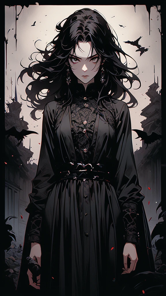 masterpiece,best quality,ultra-detailed,2girl,solo,crow,upper body,dark style,black hair,black clothes,standing,horror theme,