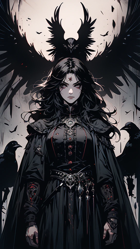 masterpiece,best quality,ultra-detailed,2girl,solo,crow,upper body,dark style,black hair,black clothes,standing,horror theme