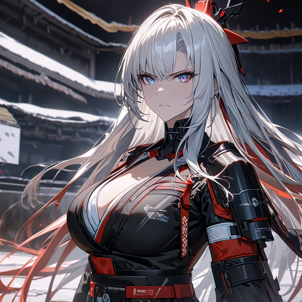 A woman wearing a black samurai kimono with white details, samurai shoulder pads, holding a red odachi, odachi without sheath, standing, white hair, long hair, red and blue eyes, multicolored eyes, serious face, big breast, on a concrete platform, scene in Japanese aesthetics,,UHD , prime work , accurate , anatomically correct , textured skin , super details , high quality , best quality, 8k, high resolution, bokeh effect. (woman alone), close view. Punishing_gray_raven, Alpha_Crimson_Weave
