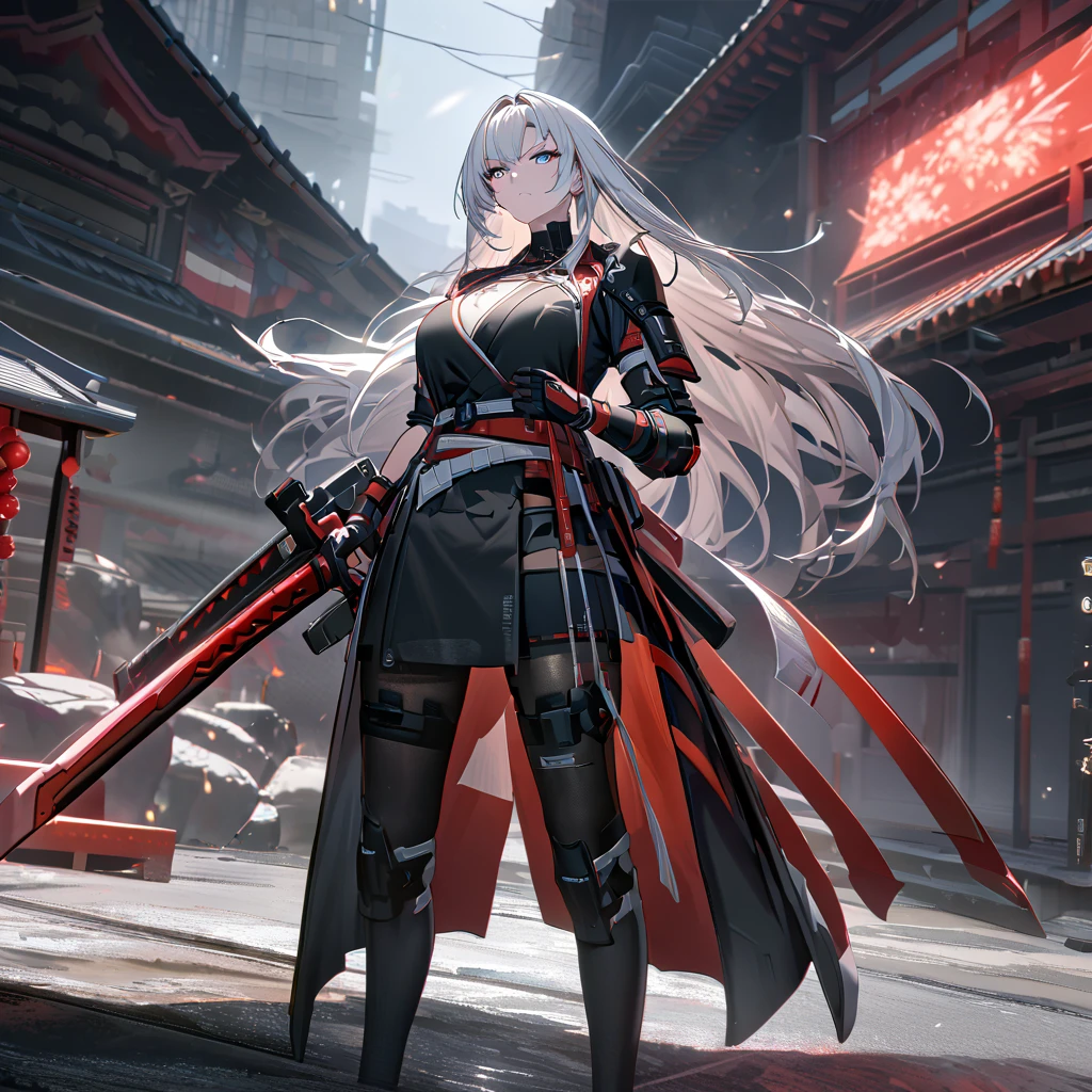 A woman wearing a black samurai kimono with white details, samurai shoulder pads, holding a red odachi, odachi without sheath, standing, white hair, long hair, red and blue eyes, multicolored eyes, serious face, big breast, on a concrete platform, scene in Japanese aesthetics,,UHD , prime work , accurate , anatomically correct , textured skin , super details , high quality , best quality, 8k, high resolution, bokeh effect. (woman alone), close view. Punishing_gray_raven, Alpha_Crimson_Weave
