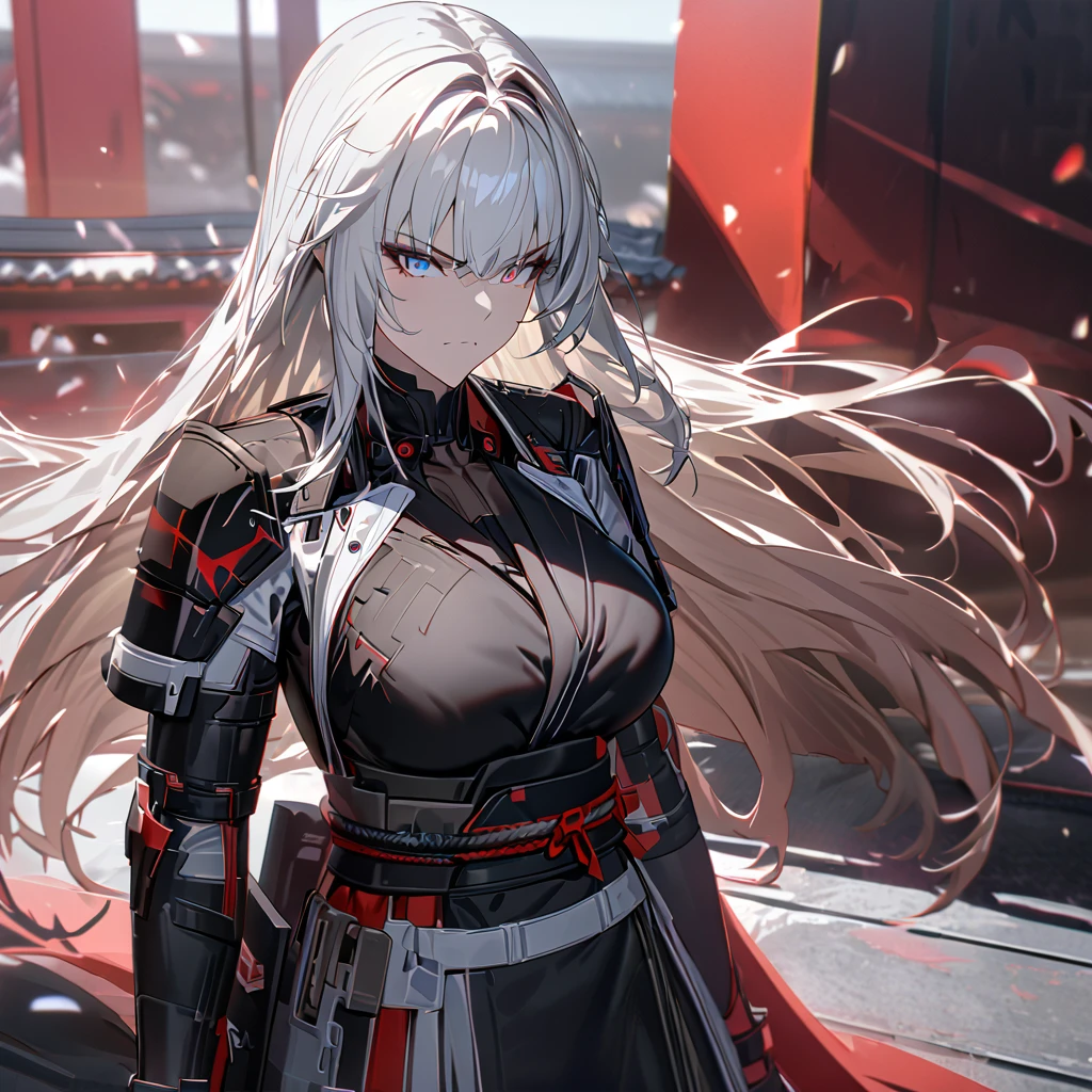 A woman wearing a black samurai kimono with white details, samurai shoulder pads, holding a red odachi, odachi without sheath, standing, white hair, long hair, red and blue eyes, multicolored eyes, serious face, big breast, on a concrete platform, scene in Japanese aesthetics,,UHD , prime work , accurate , anatomically correct , textured skin , super details , high quality , best quality, 8k, high resolution, bokeh effect. (woman alone), close view. Punishing_gray_raven, Alpha_Crimson_Weave
