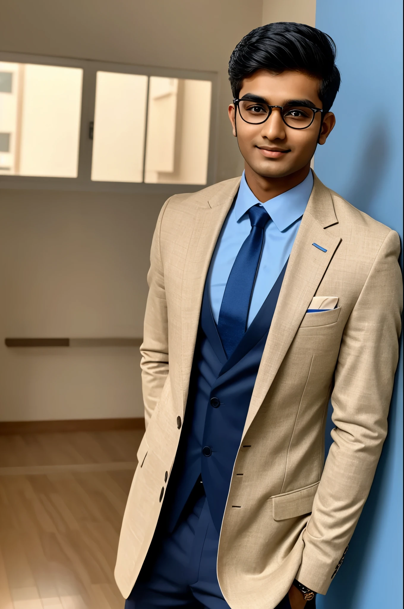 21 year old indian boy with fair skin Wearing spectacles and narrow body Posing for a Linkedin picture in formals
