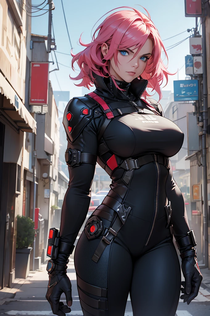 Fake body and  ,  woman  in metal rising revengeance body details, foto de busto, big pink hair, shining blue eyes, wearing a mustard yellow jumpsuit, breast35 years old, eye on the spectator, Look to the camera, , the background is a cyberpunk city, revegeance expression, foco no rosto, de frente, foco no busto, riaden armor of metal gear rising, busty woman,p para lutar, mini saia roxa e branca, expressão intensa, fundo branco liso, ambiente frio, vapor subindo, movimento dinâmico, atitude confiante, atmosfera fria
