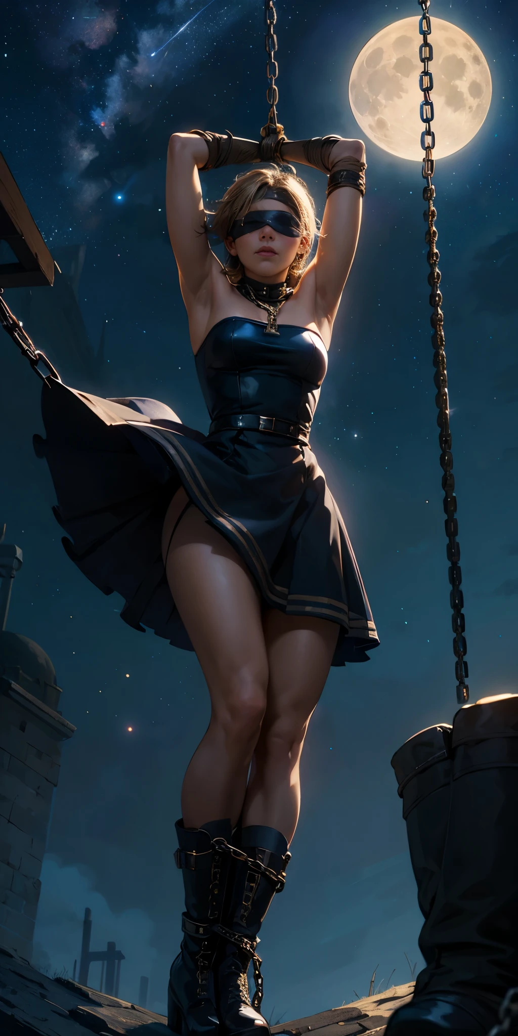 masterpiece, best quality, 1girl, solo, gloves, dress, bare shoulders, closed mouth, military boots, sky, black footwear, blindfold, night sky, full moon, elbow gloves, armpits, arms up, ((chain, bound, restrained:1.3)) standing , wariza, night, starry sky, sky, cowboy shot, view from below, far shot